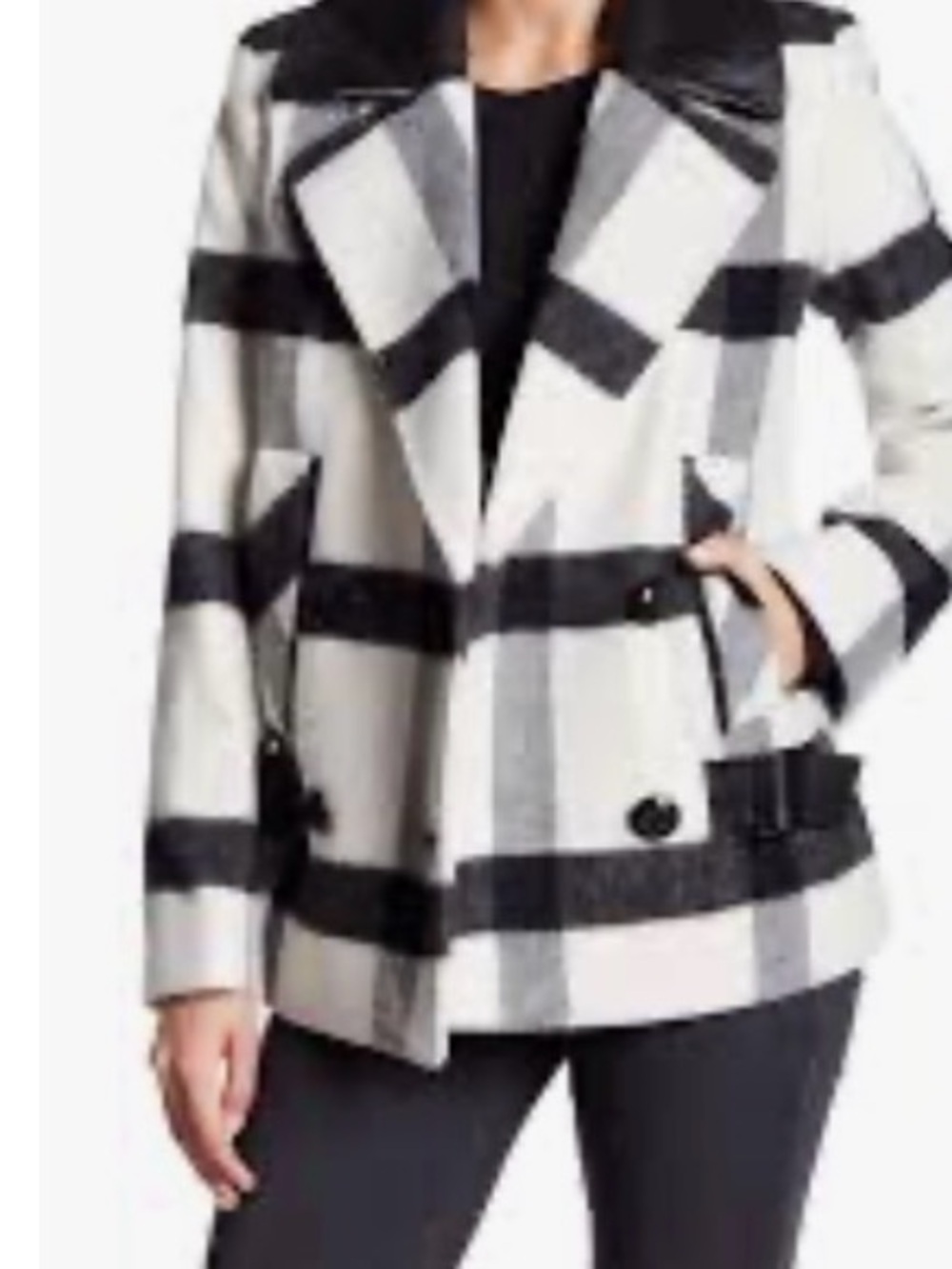 Trina Turk Black & White Plaid Pea Coat